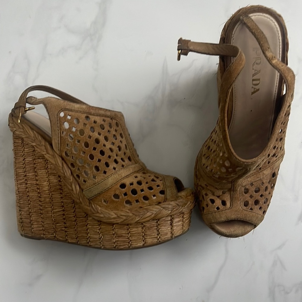 Authentic Prada Raffia Wedges | Size 36.5 EU / Size 6.5 US | Great Condition